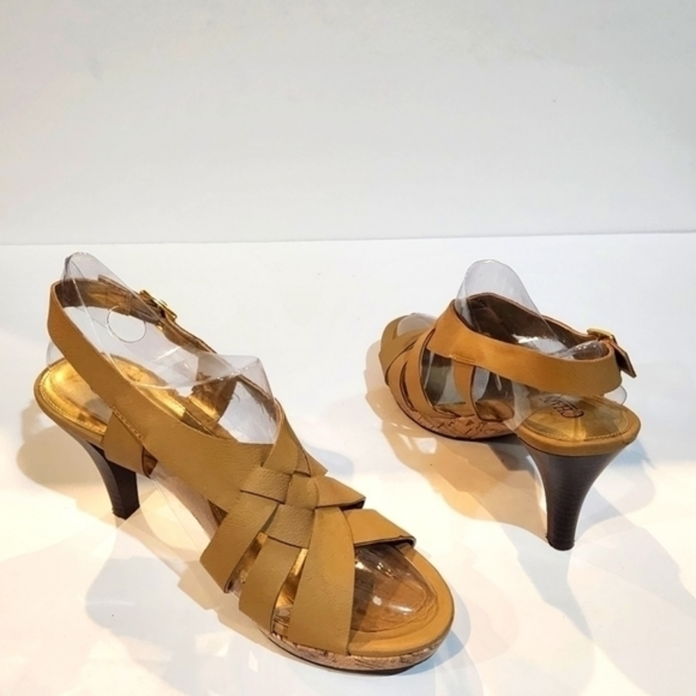 Chaps‎ Mavery Multi-Strapped Tan 3" Heeled Cork Trim Slingback Sandals Size 8.5